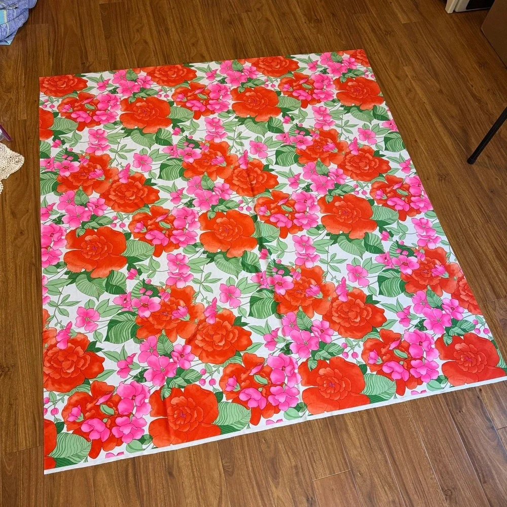 Vintage 70s‎ Retro Floral Fabric Orange Pink Green 54.5 x 60 inches Large Flower